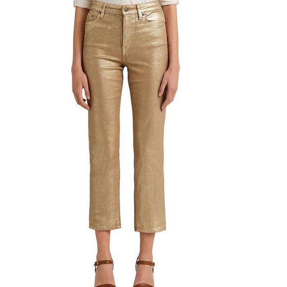 Lauren by Ralph Lauren High Rise Comfort Straight Jeans Belle Wash Metallic Gold - Picture 3 of 10